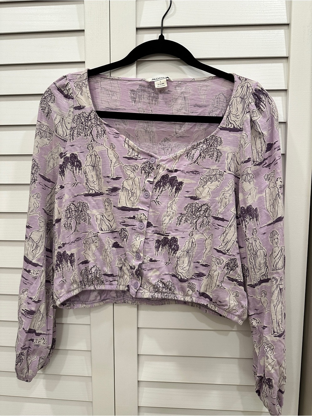 Monki Lavender Printed Button-Front Cropped Top size S ASOS